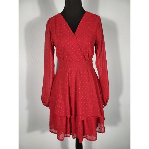 Japna Red Swiss Dot Dress Long Sleeve Ruffle Tiered Mini Dress - Picture 3 of 8